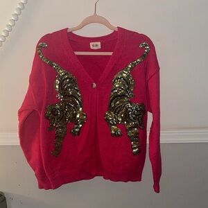 BiBi Pink Cardigan with Gold Sequin Tiger Design